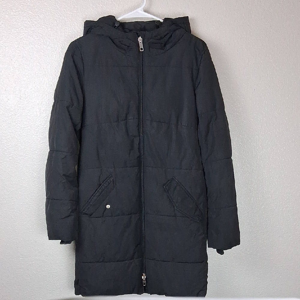 Daily Ritual Womens Hooded Black Coat XS Full Zip Front Pockets